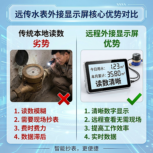 [主图12] 远传水表外接显示屏核心优势对比图，对比传统本地读数和远程数显，左侧传统水表读数模糊需要现场抄表，右侧产品清晰远程显示，浅蓝科技背景，淘宝1:1主图，直观展示产品优势，左右排版，文字对比清晰，高清分辨率