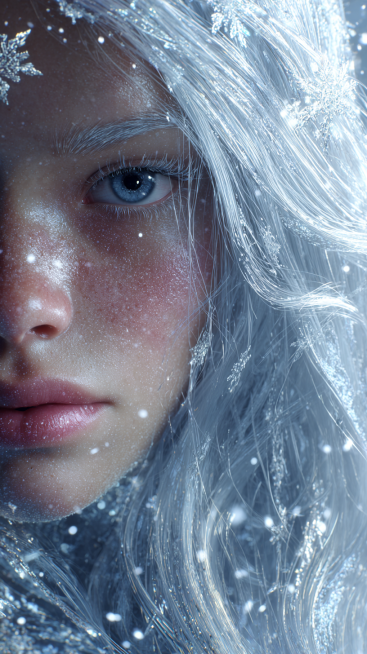 Close-up portrait of a beautiful ice queen with ultra-detailed, frost-covered silver-white hair flow预览效果