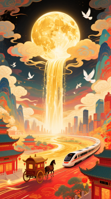 月光如金色的瀑布从圆月（占满画面2/3）上倾泻到底部的全景大地上（马车、动车分别行驶在古建筑和城市间），画面带有发光效果，白鸽飞过，整体画面充斥着华丽的金色和喜庆的红色，奇幻色彩和光影变化，具有丰富的预览效果
