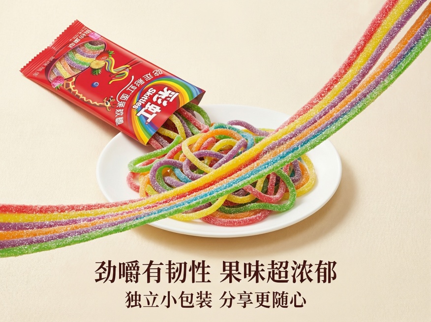 将背景换成浅米色质感背景，突出箭牌彩虹面条软糖的多彩，展示单包软糖和拉出的一条软糖，添加卖点文字“劲嚼有韧性 果味超浓郁”“独立小包装 分享更随心”，风格简约高级，凸显软糖的诱人质感预览效果