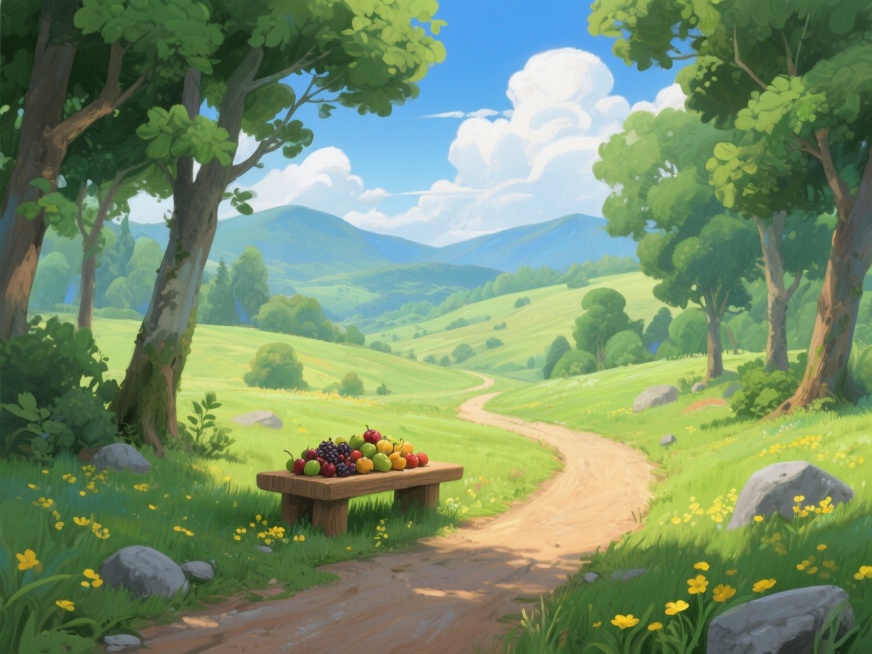 一个迷人的卡通风格风景，蜿蜒的土路穿过郁郁葱葱的绿色森林，小路两侧是鲜艳的绿色草地，点缀着黄色小花和灰色石头，两旁高大的树木轻轻摇曳，树叶形成绿色的树冠，中间有一个木制台面，上面堆满了野果和首页，背景预览效果