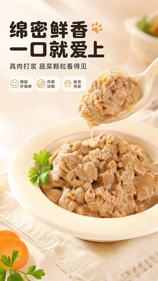 [商品] 使用【图2】宠物鲜食肉泥内容物实拍；保留浅棕褐色肉泥质地、可见的橙黄色南瓜/胡萝卜颗粒、湿润油亮的肉糜质感、碗的浅黄色带粉边造型；保留真实食物的颗粒感与绵密质地，仅做光影增强与色泽优化，不改变食物本身形态和颜色。
[画面] 目标：质地口感特写，激发食欲，表现鲜食的绵密鲜香与真材实料。质地微距型构图，碗装鲜食占据画面中央约70%区域，俯拍45度角；用勺子舀起一勺肉泥，肉粒与蔬菜颗粒清晰可见，有轻微的拉丝和滴落感，动作瞬间定格；碗边点缀一两片新鲜欧芹或胡萝卜片装饰；背景为浅米色干净桌面+柔和侧光，突出食物的湿润光泽和细腻纹理；3层以上视觉层次。
[视觉] 套系策略：风格=温馨治愈宠物食品商业摄影风，暖色调，干净高级有食欲；标题字=圆润粗黑体，可爱亲和；正文字=简洁无衬线体；主色=荧光果绿+暖米杏；背景延展=基于暖米杏做深浅渐变、柔焦光斑和细腻纸质质感；强调色=暖橙棕，仅用于小面积图标、引线和标签点缀；标题色=深棕黑；正文色=中暖灰；组件=圆角浅底信息卡、细线引线、可爱爪印图标；光影=左前侧暖柔光，产品立体有层次。
[文字] 左上角主标题：绵密鲜香 一口就爱上（8字，大字号）；副标题：真肉打浆 蔬菜颗粒看得见；下方3个短句口感标签：细腻好咀嚼、肉香浓郁、挑食克星；文字全部横向排版，放在左上留白区，不遮挡食物主体。
[规格] 图片比例9:16竖版，4K分辨率，淘宝/天猫详情页适配；避免变形、错字、文字过小、冷蓝灰背景、食物颜色失真、虚假功效、极限词。