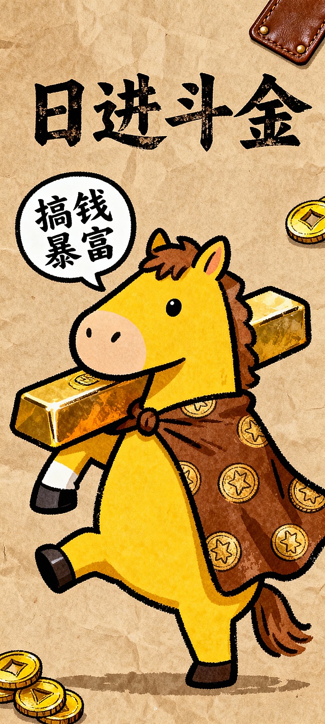 主体为Q 版 “马财神” 形象，整体为黄色主体，身披印满美式复古金币图案的棕色披风，一只蹄子扛着大金条，旁边对话框内写 “搞钱暴富”；背景为牛皮纸色，画面顶部用复古手写艺术字写 “日进斗金” 四字；画面角落点缀棕色皮革牌和黄铜钱币装饰元素；整体线条粗犷有手绘质感，突出 Money God（财神）的招财属性。