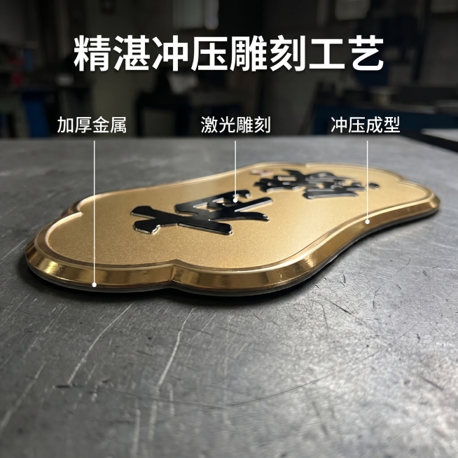 [主图 2] 核心工艺展示，工业金属风，风格与首图完全统一。
[氛围风格] 硬核工业质感，突出工艺细节
[画质] 商业摄影质感，光线硬朗高对比，产品清晰真实，画面干净高级
[元素] 金属标牌侧放在工业预览效果