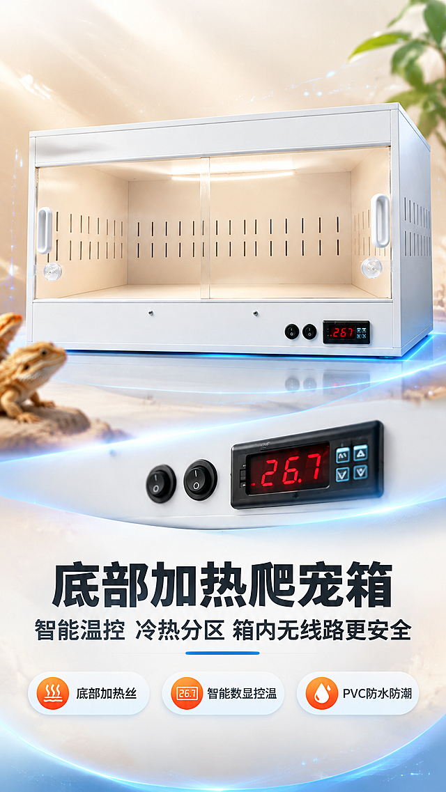 [商品] 使用【图1】白色PVC爬宠饲养箱；保留整体长方体结构、白色外框、透明双开推拉玻璃门、左右白色把手、底部数显温控屏（显示26.7）、两个黑色旋钮、侧面与背部透气长孔、内部米白色内衬、顶部LED灯带；商品处理：保持产品结构比例和颜色不变，清晰化温控屏和按钮细节，增强玻璃通透感和PVC材质质感。
[画面] 目标：头图海报，突出底部加热智能温控爬宠箱的核心卖点。构图：上下分栏，上半部分产品居中偏上，产品占画面约55%，正面微仰视角度；下半部分大标题+卖点条。阅读动线：从上到下，先看产品再看卖点。前中后景：前景为产品底部控制面板特写虚化点缀，中景为爬宠箱主体，背景为暖白渐变+科技感微光粒子。场景：专业宠物用品影棚摆拍氛围。
[视觉] 套系策略：风格=拼多多接地气科技感商业海报；标题字=粗黑黑体（思源黑体Heavy）；正文字=清晰无衬线黑体（思源黑体Bold）；主色=暖白色+科技蓝；背景延展=基于暖白做深浅渐变层级，搭配浅蓝科技光晕和细腻磨砂质感；强调色=橙红色，仅用于小面积标签、卖点图标、价格感元素；标题色=深炭灰；正文色=中灰；组件=圆角信息卡、粗线引线、胶囊形卖点标签；光影=左前侧暖白光+底部蓝色科技轮廓光。
[文字] 顶部主标题大字"底部加热爬宠箱"，副标题"智能温控 冷热分区 箱内无线路更安全"；下方3个胶囊卖点：①底部加热丝 ②智能数显控温 ③PVC防水防潮；文字区位于画面下半部分，不遮挡产品主体和温控屏。
[规格] 图片比例9:16竖版，4K分辨率，避免变形、错字、文字过小、冷灰主背景、产品颜色改变、结构失真、极限词。