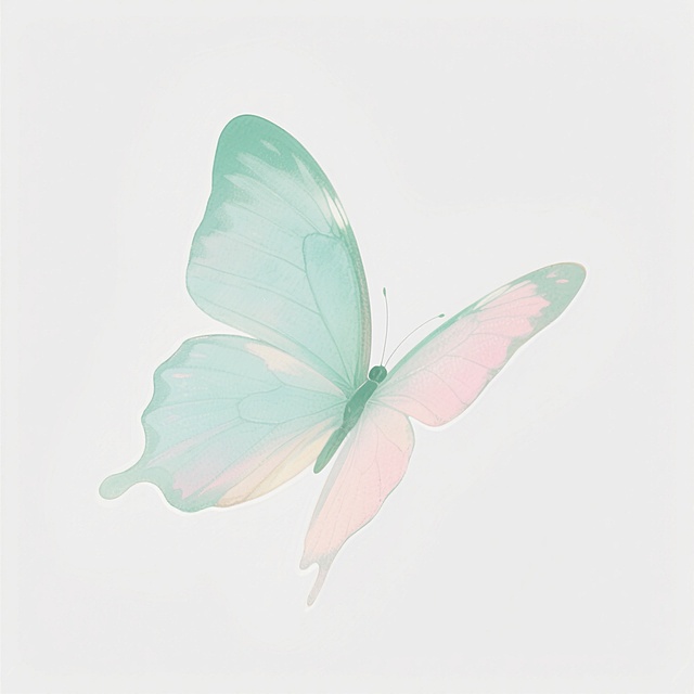 一只整体色调改为清新明亮的薄荷绿与淡粉色渐变的蝴蝶，翅膀呈现半透明的水彩质感，带有细腻的纹理和柔和的高光，背景为纯净的白色，营造出轻盈、梦幻的氛围，光影柔和，蝴蝶翅膀边缘有精致的轮廓线，整体画面简洁而富有层次感，蝴蝶姿态优雅，仿佛正在缓慢飞舞。