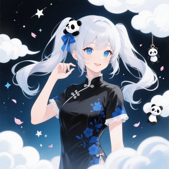 二次元动漫风格插画，以蓝白色调为主，柔和的光影效果，高光表现细腻，透明水彩质感的背景，画面充满梦幻氛围。一位银发双马尾少女，发间系着蓝色蝴蝶结和黑色熊猫发饰，发丝飘逸有层次感，蓝色眼眸清澈明亮，带着温柔甜美的微笑。她侧身而立，右手自然抬起轻抚发梢，左手轻托脸颊，姿态优雅俏皮。身着带有蓝色花纹的黑色旗袍式上衣，袖口和领口有精致的白色花边装饰，衣料质感顺滑。周围环绕着白色云朵状元素和可爱的熊猫玩偶……预览效果