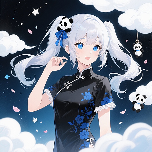 二次元动漫风格插画，以蓝白色调为主，柔和的光影效果，高光表现细腻，透明水彩质感的背景，画面充满梦幻氛围。一位银发双马尾少女，发间系着蓝色蝴蝶结和黑色熊猫发饰，发丝飘逸有层次感，蓝色眼眸清澈明亮，带着温柔甜美的微笑。她侧身而立，右手自然抬起轻抚发梢，左手轻托脸颊，姿态优雅俏皮。身着带有蓝色花纹的黑色旗袍式上衣，袖口和领口有精致的白色花边装饰，衣料质感顺滑。周围环绕着白色云朵状元素和可爱的熊猫玩偶挂件，背景点缀着星星和花瓣，整体构图饱满，视觉中心突出，营造出宁静美好的少女氛围。