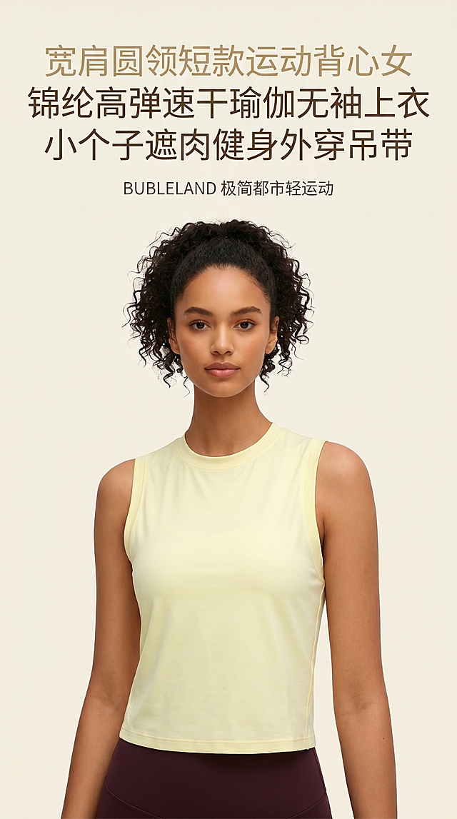 「图片1」，生成详情页，商品名称为无袖瑜伽背心女露脐短款宽松运动罩衫外穿轻薄透气休闲瑜伽服，适配淘宝/天猫平台，单图比例为9:16，需求屏数为8张。BUBLELAND 圆领宽肩短款运动无袖背心｜抖音全详情上架文案
面料参数：锦纶 78% + 氨纶 22%
现货四色：奶黄、香芋紫、浅天蓝、纯净白
风格调性：极简都市轻运动，低饱和柔和色系，短句分段适配手机竖屏浏览，全程规避极限宣传词
板块 1｜产品名称・3 版引流大标题（覆盖抖音搜索热词）
爆款综合引流款
宽肩圆领短款运动背心女 锦纶高弹速干瑜伽无袖上衣 小个子遮肉健身外穿吊带
通勤休闲流量款
纯色短款宽肩运动背心 遮拜拜肉修身打底 通勤遛娃百搭无袖内搭上衣
运动精准搜索款
高弹裸感宽肩瑜伽背心 普拉提慢跑训练短款上衣 透气不闷汗健身服
板块 2｜核心卖点 & 痛点绑定（5 组硬核卖点，直击穿搭高频痛点）
卖点 1：78% 锦纶 + 22% 高占比氨纶裸感速干面料，高回弹久穿不松垮
痛点：纯棉背心出汗厚重贴身，夏季健身、遛娃久坐闷汗粘皮肤；洗后下摆、领口松弛变形，微胖人群贴身显臃肿
卖点 2：加宽一体式宽肩剪裁，完整包裹上臂，自然隐藏拜拜肉
痛点：细肩带背心暴露粗壮手臂，瑜伽、网球大幅度抬手勒肩卡肉，肩线僵硬显壮显虎背
卖点 3：高腰短款利落衣长，抬高腰线，打造三七分显高比例
痛点：长款直筒背心压小个子身高，宽松无腰线穿出五五分；紧身长款紧贴小腹，赘肉一览无余
卖点 4：适中圆领锁边设计，修饰脖颈线条，日常外穿不易走光
痛点：大 U 领、低领背心通勤、带娃易走光；高领款式闷热显脸圆，廉价领口水洗后垮塌松弛
卖点 5：高色牢哑光染色工艺，反复机洗不易发白、不易勾丝起球
痛点：彩色运动背心水洗一次褪色发灰，背包、健身器械摩擦易起小球，穿两次质感陈旧廉价
板块 3｜适用人群分层
①核心主力人群（成交占比 60%+：25-35 岁精致妈妈、新锐白领）
兼顾上班、带娃、健身多重场景，拒绝只适用于运动的单一功能性服饰；偏爱干净纯色，追求显瘦舒适 + 日常百搭，反感频繁更换穿搭，在意面料闷汗、版型显胖、易变形掉色等问题。
②运动爱好者细分人群
瑜伽 / 普拉提：宽肩无束缚肩线，扭转、平板支撑动作舒展不卡身；
网球 / 慢跑：锦纶导湿透气面料，长时间跑动后背干爽不粘身；
健身房力量训练：短款利落版型，不遮挡腹部、上肢训练动作。
③全身材适配细分人群
梨形身材：上半身收束剪裁视觉上移重心，弱化胯宽、大腿肉量感；
苹果型身材：短款微宽松下摆柔和遮挡腰腹赘肉，不会紧绷勒出游泳圈；
小个子 150-165cm：短款衣长搭配高腰下装，轻松拉长腿部线条不压身高；
上臂有拜拜肉：加宽肩片完整包裹手臂，弱化手臂粗壮视觉效果；
小腹有赘肉：面料弹力柔和不贴肤，平整藏住腹部松弛线条。
④次要人群
18-24 岁学生党：低饱和百搭色系，体育课、校园通勤、操场慢跑均可穿搭；
36 + 轻熟女性：纯净白、浅天蓝、奶黄沉稳柔和色系，弱化少女感，散步、轻运动、日常通勤得体温柔。
板块 4｜四大细分使用场景 + 专属搭配方案
①专业运动场景（瑜伽 / 普拉提 / 网球 / 慢跑 / 健身房）
搭配：同色系高腰瑜伽紧身裤、双层百褶网球短裙，外搭轻薄防晒运动外套
穿搭优势：速干面料全程保持干爽不粘肤，宽肩设计大幅度跑跳、拉伸无拉扯束缚，短款版型不遮挡训练动作。
②职场通勤场景（写字楼办公、午休健身）
搭配：白 / 浅天蓝背心 + 垂感西装阔腿裤、简约半身西装裙，外搭短款针织开衫、轻薄通勤西装
穿搭优势：基础圆领低调得体无暴露感，弱化强烈运动属性，午休无需更换上衣，直接前往健身房。
③日常遛娃逛街休闲场景（带娃、下午茶、短途出行）
搭配：奶黄 / 香芋紫背心 + 垂感阔腿卫裤、牛仔短裤，搭配小白鞋、帆布托特包
穿搭优势：面料柔软亲肤，弯腰抱娃不勒腰腹，短款收腰藏肉显瘦，柔和低饱和色系日常拍照氛围感充足。
④四季内搭场景（换季叠穿、空调房保暖）
春夏直接单穿；秋季内搭风衣、牛仔外套；冬季内搭毛衣、长款羽绒服
穿搭优势：修身但不臃肿，圆领露出柔和领口层次，不会被厚重外套遮盖腰线，四季衣橱不闲置。
板块 5｜详情科普四大知识点（可直接制作详情长图文）
小节 1｜面料工艺科普：锦纶 78%+ 氨纶 22% 黄金配比
锦纶基底优势：高密度哑光针织织造，表层密布透气导湿微孔，汗液快速导出蒸发，实现速干不粘肤；面料耐磨抗造，背包、健身器械反复摩擦不易勾丝起球。
22% 高弹氨纶配比：横向、纵向双向均匀回弹，拉伸后快速复原，久穿领口、下摆不会松垮鼓包，微胖人群久坐无紧绷束缚感。
无感贴身织造：无凸起硬质内里缝线，贴肤无刺痒，长时间运动、通勤穿着无不适感。
哑光消光处理：无廉价亮面反光，低饱和色系柔和高级，日常通勤单穿不会突兀。
小节 2｜人体剪裁工学科普
加宽一体式宽肩片：无生硬分割肩缝，完整包裹上臂赘肉，抬手、举臂全程无紧绷卡肩，修饰溜肩、宽肩。
适中窄圆领设计：领口高度刚好露出锁骨上段，修饰圆脸、短脖颈，兼顾安全感与美感，不会过低走光、过高闷热。
高腰短款标准衣长：衣长落在腰线之上 3cm，两侧轻微向内收束，自然遮挡小腹赘肉，搭配高腰下装直观拉长腿部线条。
无痕包边袖口：平整加宽锁边工艺，多次水洗不易卷边，柔和贴合手臂，不勒肉不磨皮肤。
小节 3｜三套多场景成套穿搭搭配技巧
成套健身穿搭：宽肩短款背心 + 同色系高腰瑜伽裤，整套色彩统一干净，运动舒展、户外健身拍照出片；
通勤轻商务穿搭：纯净白 / 浅天蓝背心 + 垂感西装阔腿裤 + 平底单鞋，外搭薄款小西装，上班得体，午休直接健身；
休闲日常穿搭：奶黄 / 香芋紫背心 + 牛仔短裤 / 垂感阔腿卫裤，搭配棒球帽、小白鞋，遛娃、逛街松弛温柔。
小节 4｜洗护保养小贴士（延长版型与面料使用寿命）
洗涤水温：≤30℃冷水轻柔洗涤，禁止 40℃以上热水长时间浸泡，高温会破坏锦纶速干纤维、加速面料褪色；
洗涤方式：翻面装入洗衣袋机洗，禁止与牛仔、金属拉链等粗糙硬质衣物混洗，避免面料勾丝起球；
晾晒禁忌：阴凉通风处悬挂阴干，严禁阳光长时间暴晒，暴晒会导致面料老化、色彩发灰发白；
防变形保养：清洗完成轻轻抚平领口、下摆再悬挂收纳；长期存放优先悬挂，不要重压折叠堆放，防止下摆变形、领口垮塌。