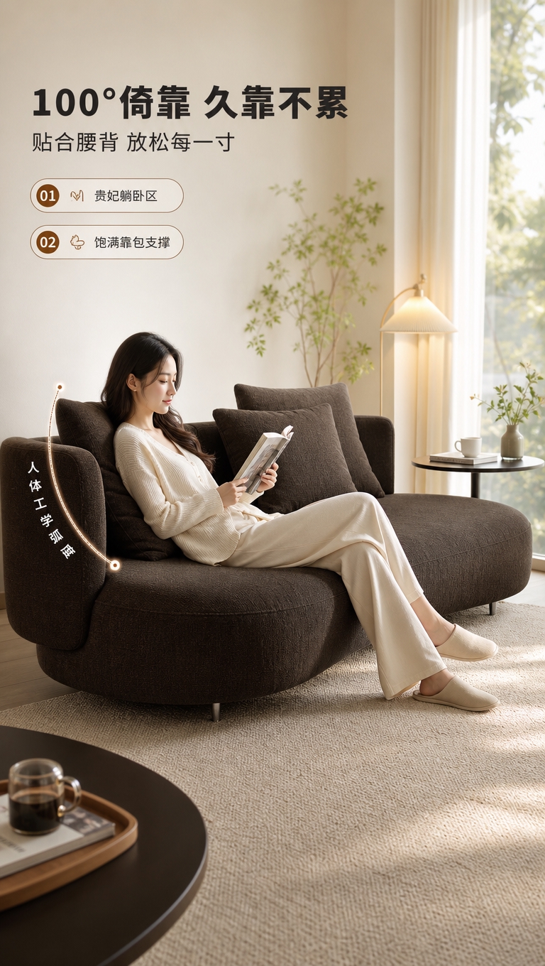 [商品] 使用【图1】深咖色弧形三人位贵妃休闲沙发；保留弧形贵… - 图片创意预览