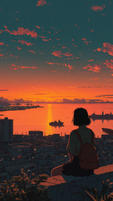 Japanese 90s anime illustration style, retro sunset seaside city, Showa era short-haired girl lookin预览效果