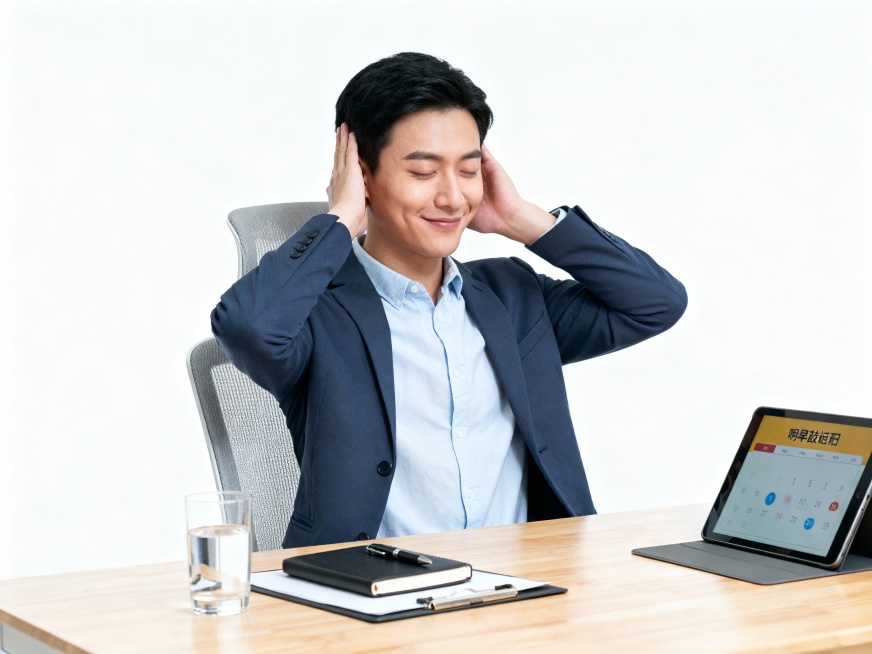 A young, healthy Chinese professional sitting upright in a modern office chair. His/Her hands are ge预览效果