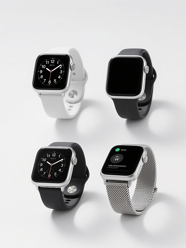 4K超高清产品摄影风格，纯白纯色背景，四个不同造型、不同样式的智能手表，上下两行整齐排列，每个手表具有独特的表盘设计（如数字、模拟、简约、运动风格）和表带材质（如硅胶、金属、皮革、编织），银色金属表壳搭配不同颜色表带，黑色高清显示屏显示不同界面，光线均匀柔和，突出手表的金属质感与细节，阴影浅淡自然，整体构图平衡对称，产品清晰锐利，专业商业广告级修图效果。