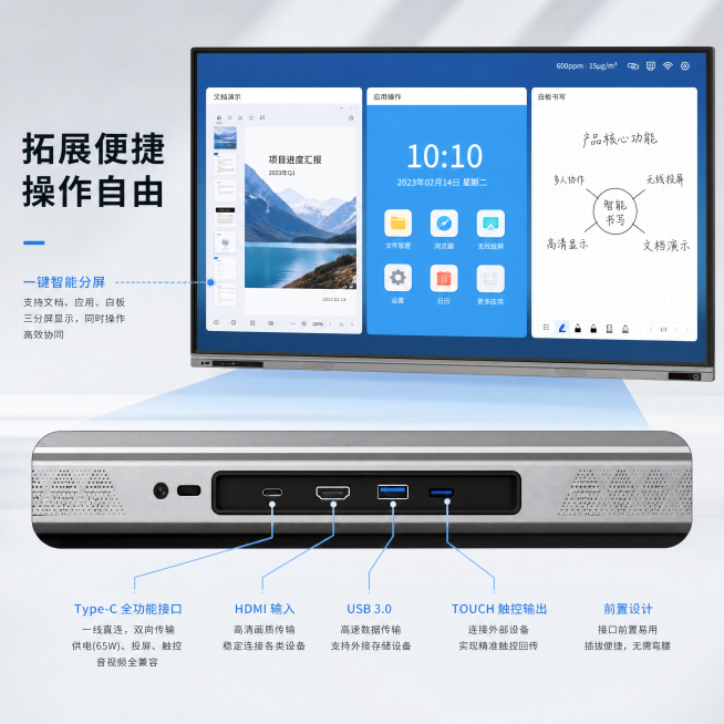 [主图8] 接口拓展与智能分屏功能
[氛围风格] 简洁科技风
[画质] 高清产品渲染，细节清晰
[元素] 保留原会议平板整体，保持外观一致。下半部分放大展示前置全功能Type-C接口细节，用引线标注。预览效果