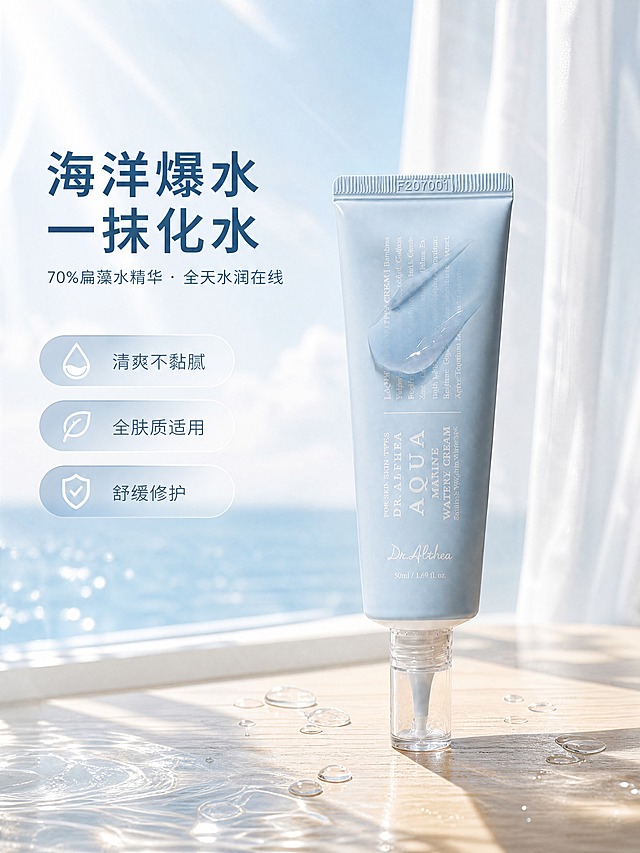 [商品] 使用【图1】Dr.Althea艾西儿海洋水润面霜浅蓝色软管包装；保留管身所有英文文字、Logo、水滴状膏体图案、透明尖嘴盖、50ml容量标识，软管颜色、材质、比例、结构完全一致，不做任何改写。
[画面] 目标：美感头图，突出海洋水润核心概念。构图：产品居中偏右，占画面约55%，竖直站立于浅木色台面上；左侧留白放置文案。前景点缀透明水珠、细碎水波纹；中景为产品主体；背景是虚化的窗边白纱帘与淡蓝色天空，阳光从左侧斜射，形成柔和光影。整体营造清透治愈的晨间护肤氛围。
[视觉] 套系策略：风格=清透海洋风高级商业摄影；标题字=现代简约无衬线粗体；正文字=纤细优雅无衬线体；主色=浅冰蓝；背景延展=基于浅冰蓝做深浅渐变、水波纹质感、同色系雾面层次；强调色=珍珠白，仅用于小面积图标、引线和高光标签；标题色=深海蓝；正文色=中灰蓝；组件=圆角半透明信息卡、细白线引线、水滴形图标；光影=左前侧自然柔光，带轻微水波光斑。
[文字] 左上区域主标题「海洋爆水 一抹化水」，副标题「70%扁藻水精华 · 全天水润在线」；下方3个胶囊形小标签：「清爽不黏腻」「全肤质适用」「舒缓修护」。文字横向排版，不遮挡产品主体。
[规格] 图片比例3:4竖版，4K，负向提示：避免变形、错字、文字过小、产品颜色改变、包装文字错乱、暗黑色调、厚重油腻感、极限词。