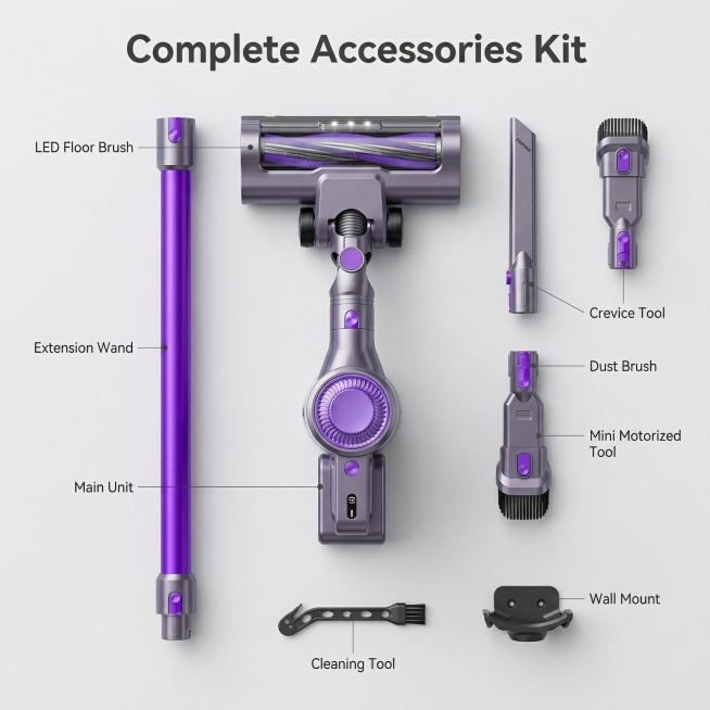 [参考风格] 舒适简约家居治愈
[主图 7] Multiple Professional Cleaning Attachments
[氛围风格] 整洁平铺展示，清晰有序
[画面元素] 主机搭配所有不同预览效果