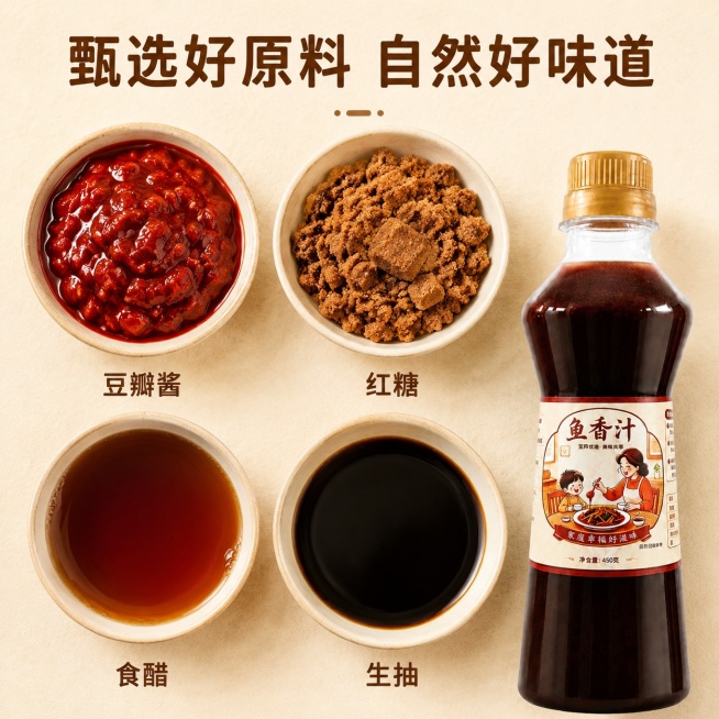 [主图-2] 核心原料展示，鱼香汁产地品质溯源。
[氛围风格] 自然干净原料展示风，真实质朴质感
[画质] 商业摄影质感、光线均匀通透、细节清晰干净、画面高级自然。
[元素] 中心位置摆放制作鱼香汁的预览效果