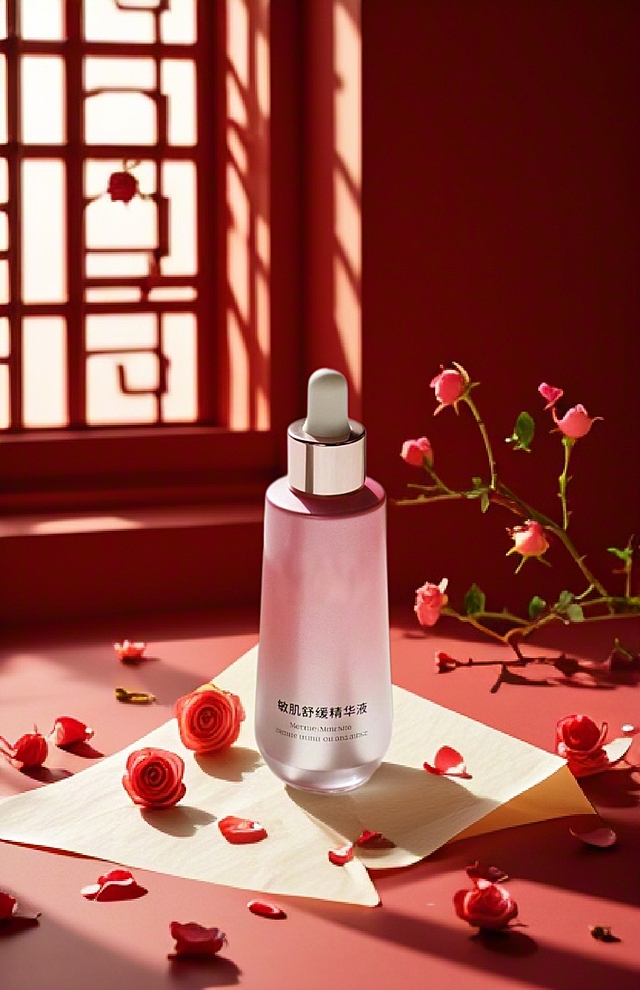 中式古典风格，轻拟物风设计，柔和光影营造浪漫唯美感，国潮风精华液展现简约之美。