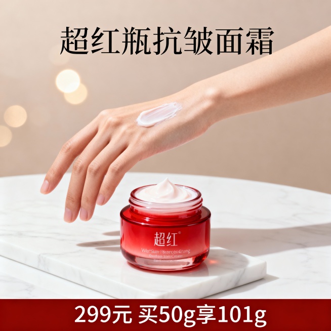 超红瓶抗皱面霜电商主图，产品与手部护肤场景结合，女性手部涂抹面霜特写，红色瓶身置于白色大理石台面上，背景柔和光斑，顶部“超红瓶抗皱面霜”标题，底部通栏“299元 买50g享101g”，突出产品质地与使预览效果