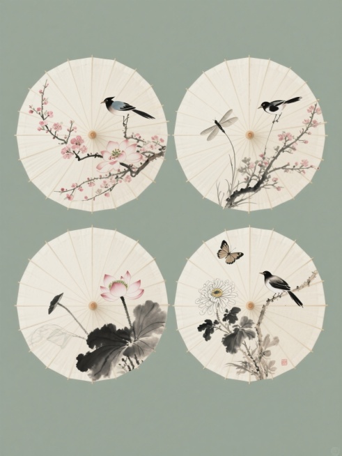 中国传统水墨风格系列油纸伞图案集合，四幅不同花纹图案的圆形油纸伞规整排布，每幅伞面保持淡雅宣纸底色、放射状伞骨结构和精致伞柄细节，分别绘制桃花与绶带鸟、荷花与蜻蜓、梅花与喜鹊、菊花与蝴蝶的工笔兼写意水墨花鸟，运用浓淡干湿的墨色变化和淡雅的色彩渲染，背景为纯色，整体色调统一变换，保持传统东方美学韵味和水墨笔触质感。预览效果