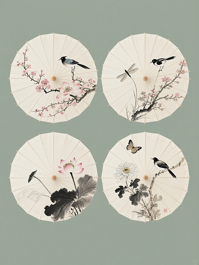 中国传统水墨风格系列油纸伞图案集合，四幅不同花纹图案的圆形油纸伞规整排布，每幅伞面保持淡雅宣纸底色、放射状伞骨结构和精致伞柄细节，分别绘制桃花与绶带鸟、荷花与蜻蜓、梅花与喜鹊、菊花与蝴蝶的工笔兼写意水墨花鸟，运用浓淡干湿的墨色变化和淡雅的色彩渲染，背景为纯色，整体色调统一变换，保持传统东方美学韵味和水墨笔触质感。
