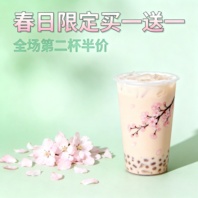 春日奶茶店促销海报，清新治愈风格，淡绿色搭配浅粉色配色，添加樱花元素，主标题文字：“春日限定买一送一”，副标题文字：“全场第二杯半价”，简约排版，高清商用，适合奶茶产品宣传预览效果