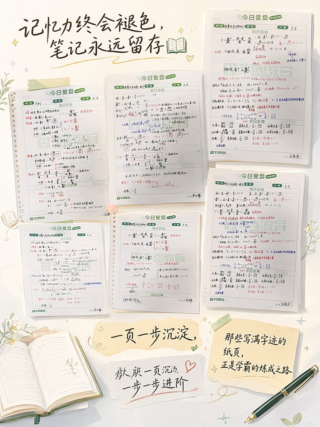 将5张手写学习笔记图片进行创意拼图排版，整体画面明亮通透、有设计感，采用清新文艺的学习成长风格。布局错落有致，笔记图片以不同大小和角度自然排布，带有轻微阴影和层次感，背景为明亮柔和的浅米色或白色渐变，点缀书本、钢笔、便签等学习元素装饰。在画面合适位置加入三段文字，字体设计感强、清晰易读：
主标题："记忆力终会褪色，笔记永远留存📒"
副标题："一页一页沉淀，一步一步进阶"
结尾句："那些写满字迹的纸页，正是学霸的炼成之路"
整体色调偏亮，光影柔和，氛围温暖治愈，充满学习成长的正能量，竖版构图，2K高清画质。