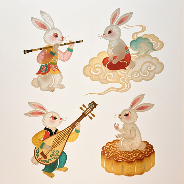 4个明亮的彩色拟人化玉兔素材（2X2规整排布），带有不同动作：1、吹笛子，2、坐在祥云上，3、弹琵琶，4、坐在月饼上。纯白色背景