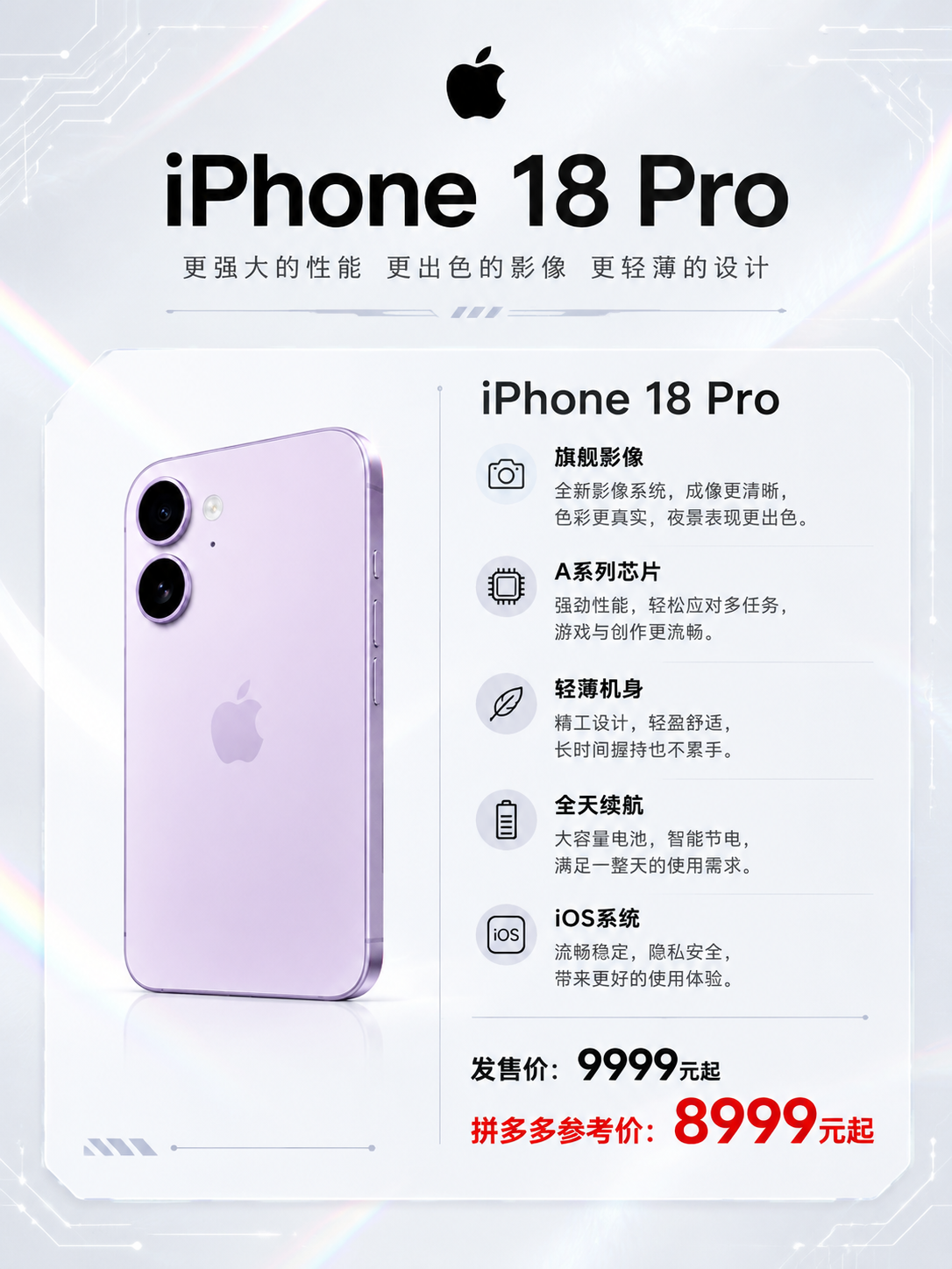 一张竖版3:4比例的iPhone 18 Pro价格海报，科技感… - 图片创意预览