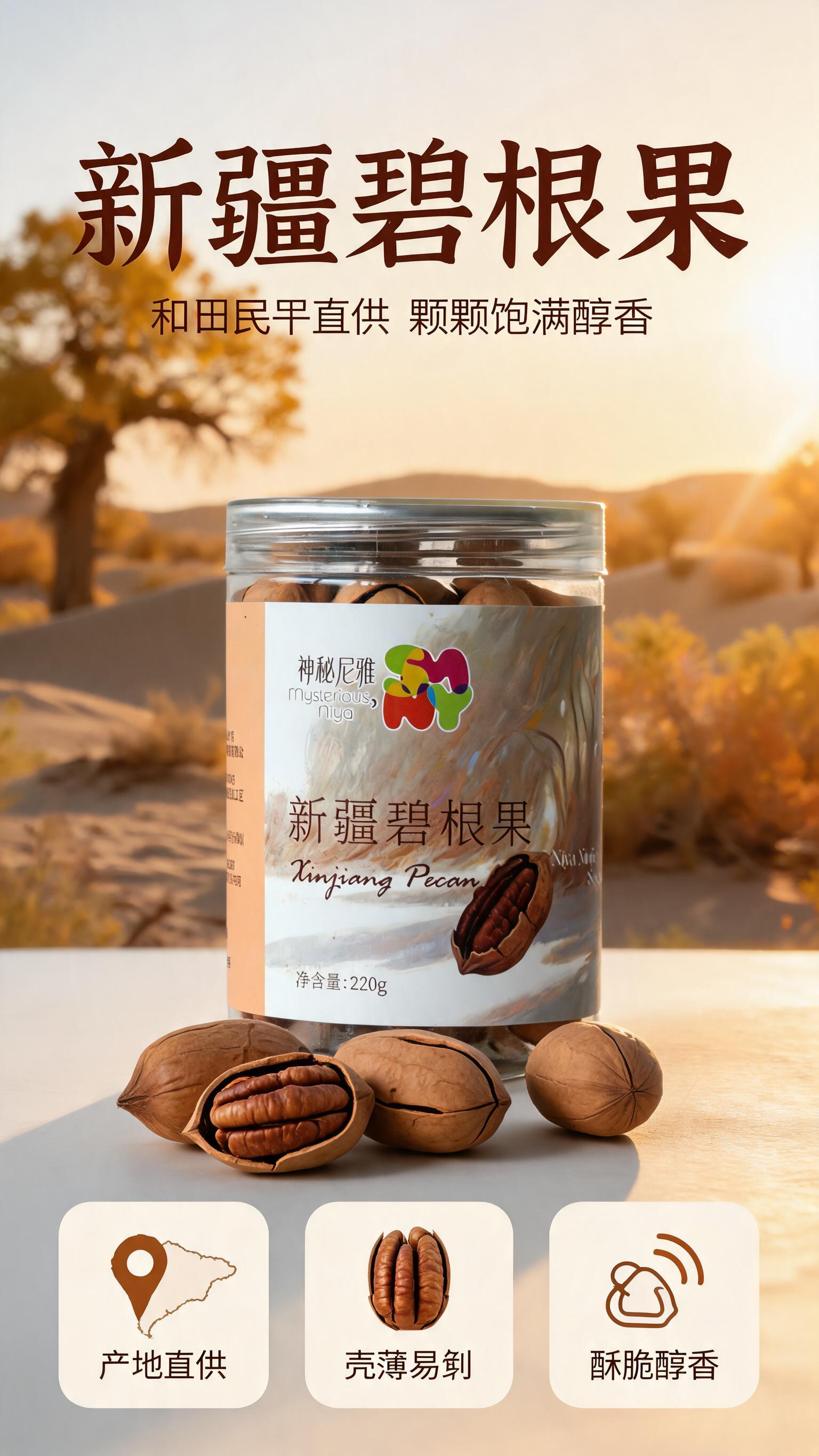 [商品] 使用【图3】神秘尼雅新疆碧根果220g罐装；保留透明… - 图片创意预览