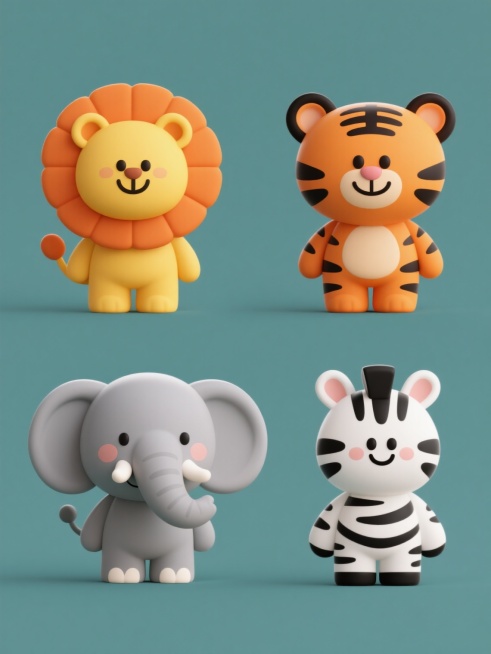 软3D风格插画，四个可爱动物角色独立在纯色背景上，色彩鲜明充满童趣，画面规整排列形成和谐系列素材集合。第一个是黄色身体、橙色鬃毛的微笑狮子，它有着圆圆的脑袋、下垂的耳朵、闭着的弯月眼和微笑的嘴巴，四肢短小，尾巴卷曲；第二个是橙色身体、黑色条纹的微笑老虎，同样是圆头圆脑，耳朵圆润，面带微笑；第三个是灰色身体、白色象牙的微笑大象，拥有长长的鼻子和蒲扇般的耳朵；第四个是白色身体、黑色条纹的微笑斑马，……预览效果