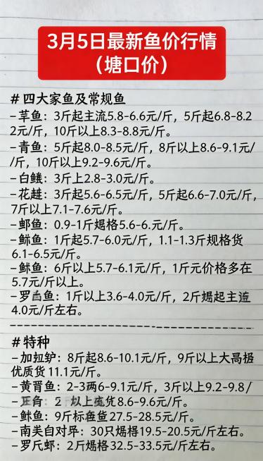 参照图片的手写字体、红黑配色和纸张背景，替换内容为：# 3月5日最新鱼价行情（塘口价）

## 四大家鱼及常规鱼
- **草鱼**：3斤起主流5.8-6.6元/斤，5斤起6.8-8.2元/斤，10斤以预览效果