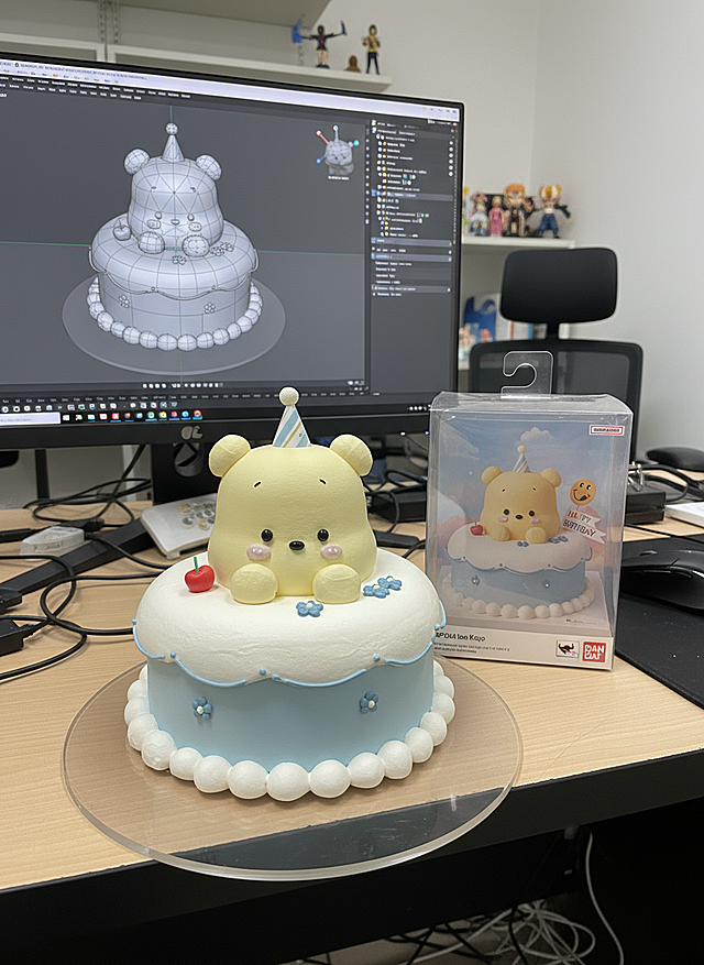 将这个图片制作成一个商业化1/7比例手办，风格写实，环境逼真。手办放置在电脑桌上，配有一个圆形透明亚克力底座，底座上没有文字。电脑屏幕上显示着手办的Zbrush建模过程。电脑屏幕旁边是一个万代风格的透明玩具盒，上面印有原始画作。