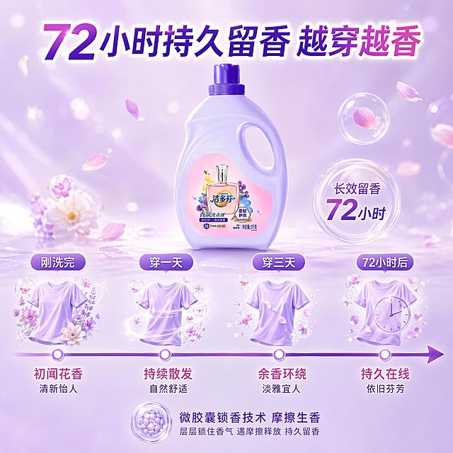 洁多芬香氛洗衣液留香时长展示图，时间轴形式。画面中央是洗衣液大瓶，淡紫色瓶身紫色瓶盖，产品外观与输入图一致无变形色差。瓶身下方是一条横向时间轴，从左到右标注刚洗完 穿一天 穿三天 72小时后，每个时间节点都有对应的衣物和香氛粒子效果，越往后香氛粒子依然存在表现持久留香。背景是淡紫色渐变，有柔和光斑和花瓣飘散。顶部大标题72小时持久留香 越穿越香。时间轴每个节点下方有简短文字说明，如初闻花香 持续散发 余香环绕 持久在线。底部小字微胶囊锁香技术 摩擦生香。商业摄影质感，梦幻香氛氛围，光线柔和通透。1比1比例，文字清晰，超高清。