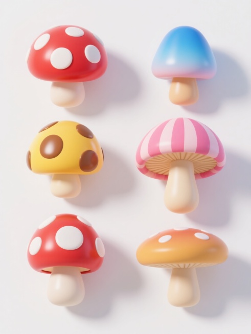 3D卡通风插画，六个不同品种、不同样式、不同外观的蘑菇，保持与单个蘑菇相同的3D立体圆润造型、光滑亮泽的表面质感、鲜艳明快的色彩搭配（如红色带白色圆点、黄色带棕色斑点、蓝色渐变、粉色条纹等），每个蘑菇具有独特的伞盖形状（圆形、椭圆形、钟形、扁平形等）和菌柄细节，整体排列整齐形成有序视觉节奏，置于纯白色背景上，光影处理柔和，高光和阴影过渡自然，营造出可爱、生动且统一的卡通氛围。预览效果