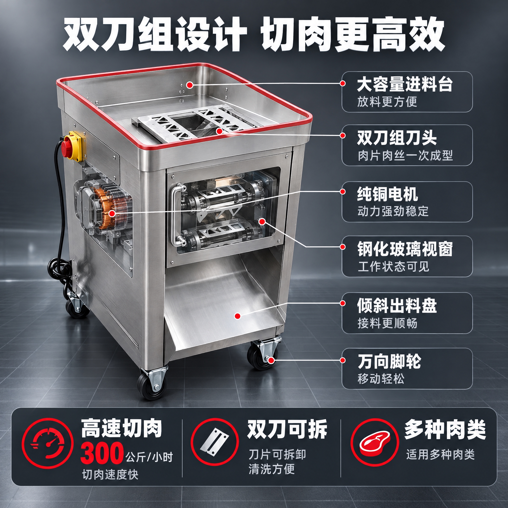 [主图-2] 商用不锈钢切肉机 核心亮点结构图 展示双刀组切肉… - 图片创意预览