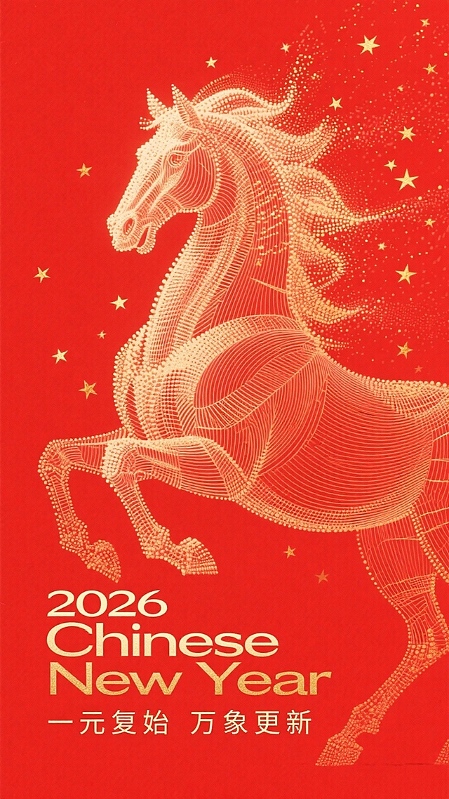 国潮风马年贺图，描边与粒子交织，鎏金线条勾勒奔腾骏马，红底星辉烘托喜庆氛围，中式美学彰显民族韵味，2026春节焕新启程。