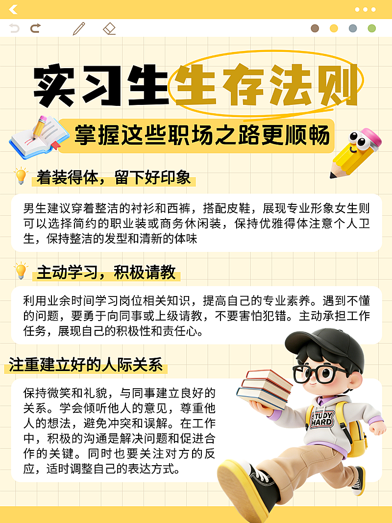3d卡通实习生生存法则职场知识分享小红书配图