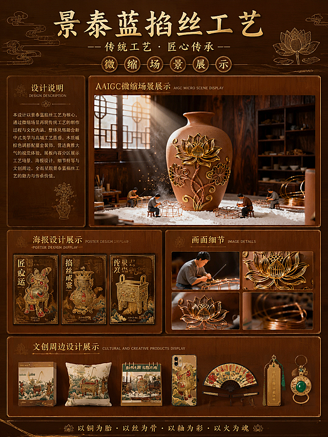 景泰蓝制作掐丝工艺微缩场景介绍展板，排版分区为：设计说明，AIGC微缩场景展示，海报设计展示，画面细节，文创周边设计展示。新中式美学风格，高端传统工艺介绍展板，木质暖棕色调搭配金色，整体典雅大气