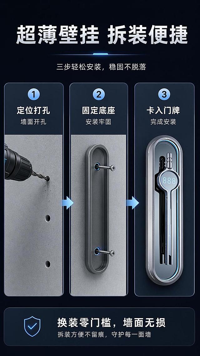 [第10屏] 详情页安装步骤展示屏-便捷拆装说明。本屏使用【图1】作为产品主体。
[氛围/风格] 步骤清晰简约科技风，直观展示安装便捷性。
[元素布局] 顶部标题，中部三步横向排列展示安装流程：1.墙面定位打孔 2.壁挂固定底座 3.卡入门牌完成安装；产品在第三步展示，保持外观与原图一致；每个步骤配示意图+文字说明。
[光影质感] 每个步骤光线均匀一致，示意图清晰简洁，产品突出金属质感。
[配色色系] 全局底色 #12141a；主色深空灰，浅蓝色标注步骤序号，保持整体色调统一。
[视角构图] 纵向排版，三步横向等分排布，阅读顺序从上到下，清晰流畅。
[文字版式] 顶部主标题「超薄壁挂 拆装便捷」，三个步骤分别配文字：1.定位打孔，墙面开孔；2.固定底座，安装牢固；3.卡入门牌，完成安装；底部附加总结「换装零门槛，墙面无损」；文字清晰，步骤明确。
[比例分辨率] 9:16竖版比例，4K分辨率，文字清晰可辨，高清画质。
[负向提示词] 产品变形，步骤混乱，文字错乱，水印，文字过小