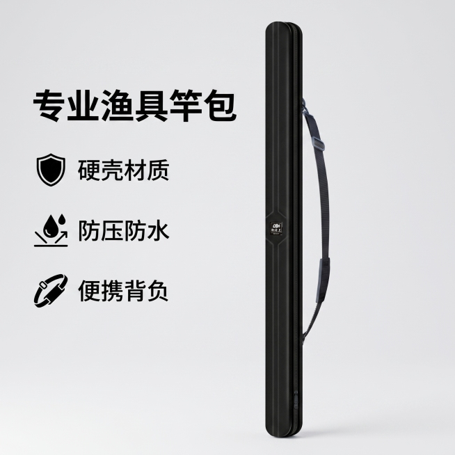 [主图 3] 黑色硬壳渔具竿包卖点展示主图；
[氛围风格] 简洁干净商品展示风，整体风格和前两张统一；
[画质] 商业摄影质感、光线均匀通透、产品清晰真实、画面干净高级；
[元素] 黑色硬壳渔具竿包直预览效果