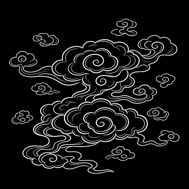中国传统祥云图案，白色线条勾勒，纯黑色背景，线条流畅优美，云纹呈螺旋卷曲状，古典中式风格，装饰性纹样，简洁大气，大朵祥云为主，周围环绕小云朵，聚散有致，传统吉祥纹样风格