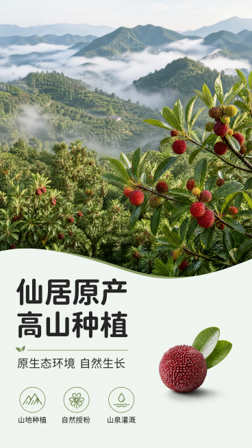 [第2屏] 仙居产地环境展示屏，仙居东魁杨梅产地介绍。本屏不需要商品主体，展示产地实景。
[氛围/风格] 自然山野果园风格，清新绿意，实景摄影质感，展现原生态种植环境。
[元素布局] 上半部分展示仙居预览效果