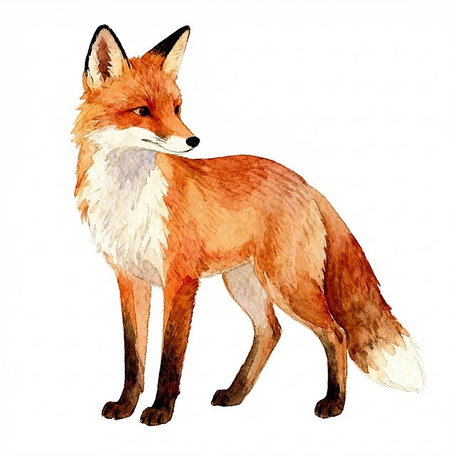 保留狐狸原有姿势不变，移除兔子，仅保留完整全身的狐狸，保持原图水彩童话风格和狐狸毛色，纯白色无背景，狐狸动作姿势完全不变
