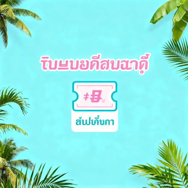 设计感强的促销信息图，纯浅蓝色背景，热带马卡龙色调，1:1正方形，中间醒目展示泰文"ติดตามรับคูปอง"和优惠券图标，所有文字均使用泰文预览效果