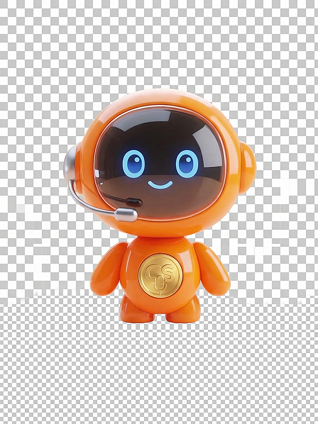 去掉玩偶的手指，背景修改为透明，左耳佩戴金属质感的客服耳机，胸前镶嵌闪亮的金币浮雕，保持水果橙色圆胖可爱造型，3D卡通风格