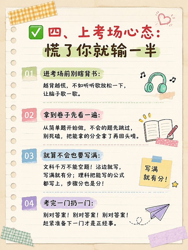 小红书图文内页，和第二张图风格一致，浅米色笔记纸横线背景，手账拼贴风，包含完整文字：✅ 四、 上考场心态：慌了你就输一半 进考场前别瞎背书：越背越慌，不如听听歌放松一下，让脑子歇一歇。拿到卷子先看一遍：从简单题开始做，不会的题先跳过，别死磕，把能拿的分全拿了再回头啃。就算不会也要写满：文科千万不能空题！沾边就写，写满就有分；理科把能写的公式都写上，步骤分也是分！考完一门扔一门：别对答案！别对答案！别对答案！赶紧准备下一门才是正经事。排版分块清晰，文字清晰可阅读，保留胶带装饰元素，画面比例3:4，高清4K，文字不模糊