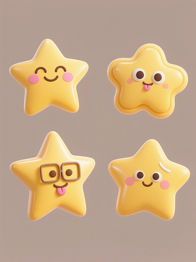 一组四个造型完全不同的立体星星元素集合，每个星星均采用光滑圆润的3D造型，明亮的黄色主体，带有柔和高光和自然阴影，保持可爱风格，分别设计为：1. 带有弯弯笑眼和粉色腮红的经典五角星；2. 边缘呈波浪曲线的胖星星，点缀圆形眼睛和吐舌表情；3. 棱角稍分明的几何星星，搭配方形眼镜和微笑嘴巴；4. 不规则多边形星星，带有水滴状眼睛和腮红圆点，所有星星规整排布在纯色背景上，保持统一的3D质感和光影效果。