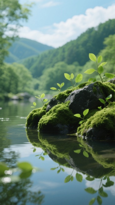 写实风格的绿色自然场景，清澈水面上覆盖着厚厚鲜绿苔藓的黑色岩石，岩石边缘生长着嫩绿的小叶片，水面倒映着岩石、绿叶和天空的清晰光影，背景是模糊的绿色山林和蓝天白云，整体色调以翠绿、墨绿、天蓝为主，光线明亮柔和，营造出宁静清新的氛围，画面质感细腻，细节丰富，具有强烈的自然真实感。预览效果