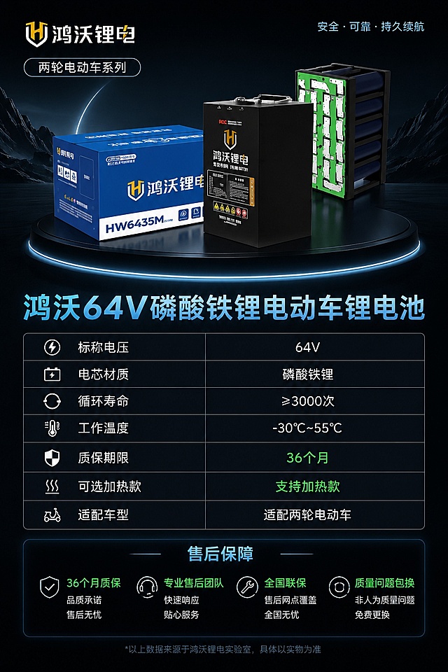 [第8屏] 产品规格参数屏，展示鸿沃锂电池完整参数和售后保障（最后一屏）。本屏使用【图1】作为产品主体。
[氛围/风格] 专业参数卡风格，深色清晰排版，信息完整直观。
[元素布局] 顶部放置产品主图占上半部分约40%，下半部分排列参数表和售后保障信息，产品外观与输入图保持一致，参数排版整齐清晰。
[光影质感] 产品光照均匀，参数文字清晰，无硬阴影，保证信息可读性。
[配色色系] 全局底色 #0A0A0A，主标题蓝色，参数文字白色，参数标签浅灰色，重点质保信息绿色高亮。
[视角构图] 上下排版，上产品下参数，线性阅读动线清晰。
[文字版式] 顶部产品图下方主标题「鸿沃64V磷酸铁锂电动车锂电池」，参数表包含：标称电压64V、电芯材质磷酸铁锂、循环寿命≥3000次、工作温度-30℃~55℃、质保期限36个月、可选加热款、适配两轮电动车；底部标注售后保障：轻量化高能量密度，环保安全耐用；文字大小适中，移动端清晰可辨。
[比例分辨率] 9:16竖版比例，4K分辨率，文字清晰可辨，高清画质。
[负向提示词] 产品变形，参数错误，文字错乱，文字过小，颜色偏差，模糊，水印